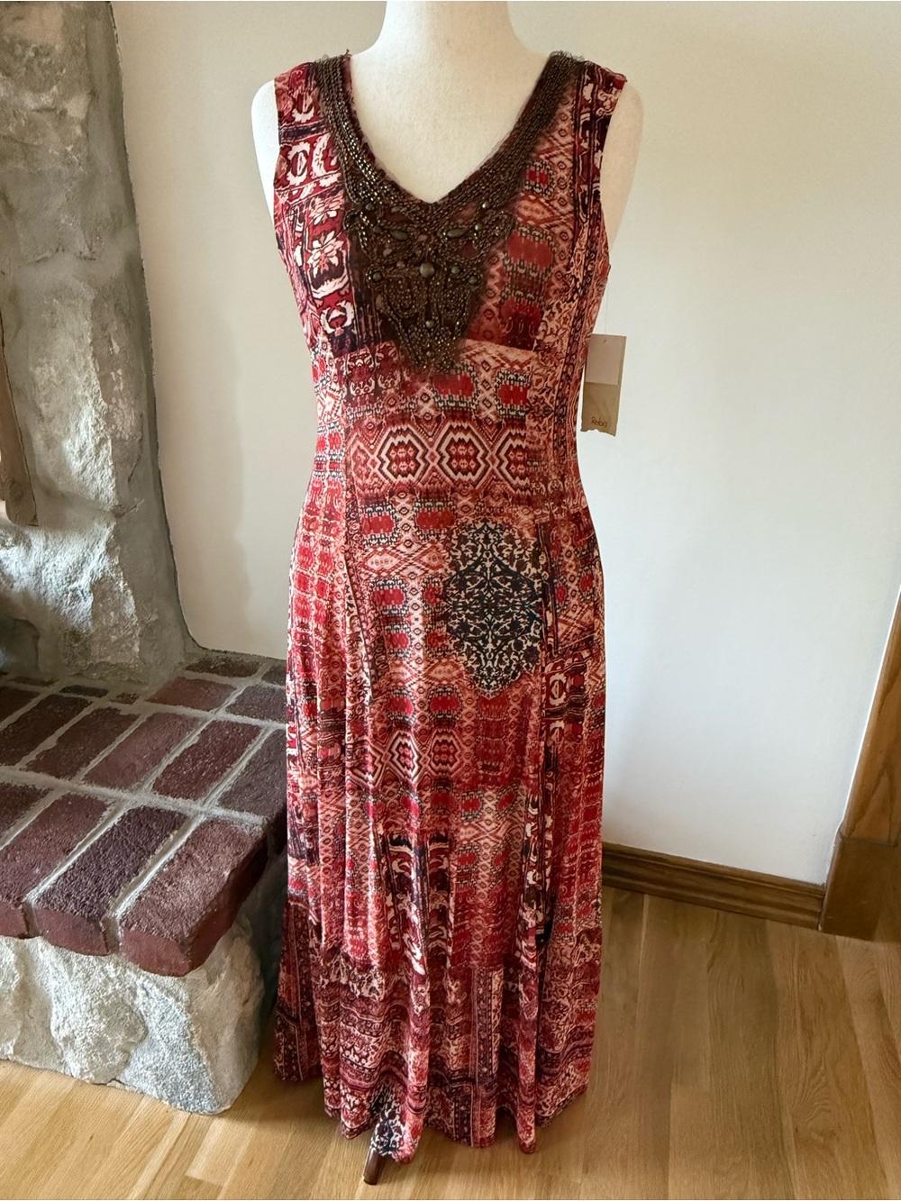 Reba Boho Mesh Maxi Dress with Beaded Neckline
